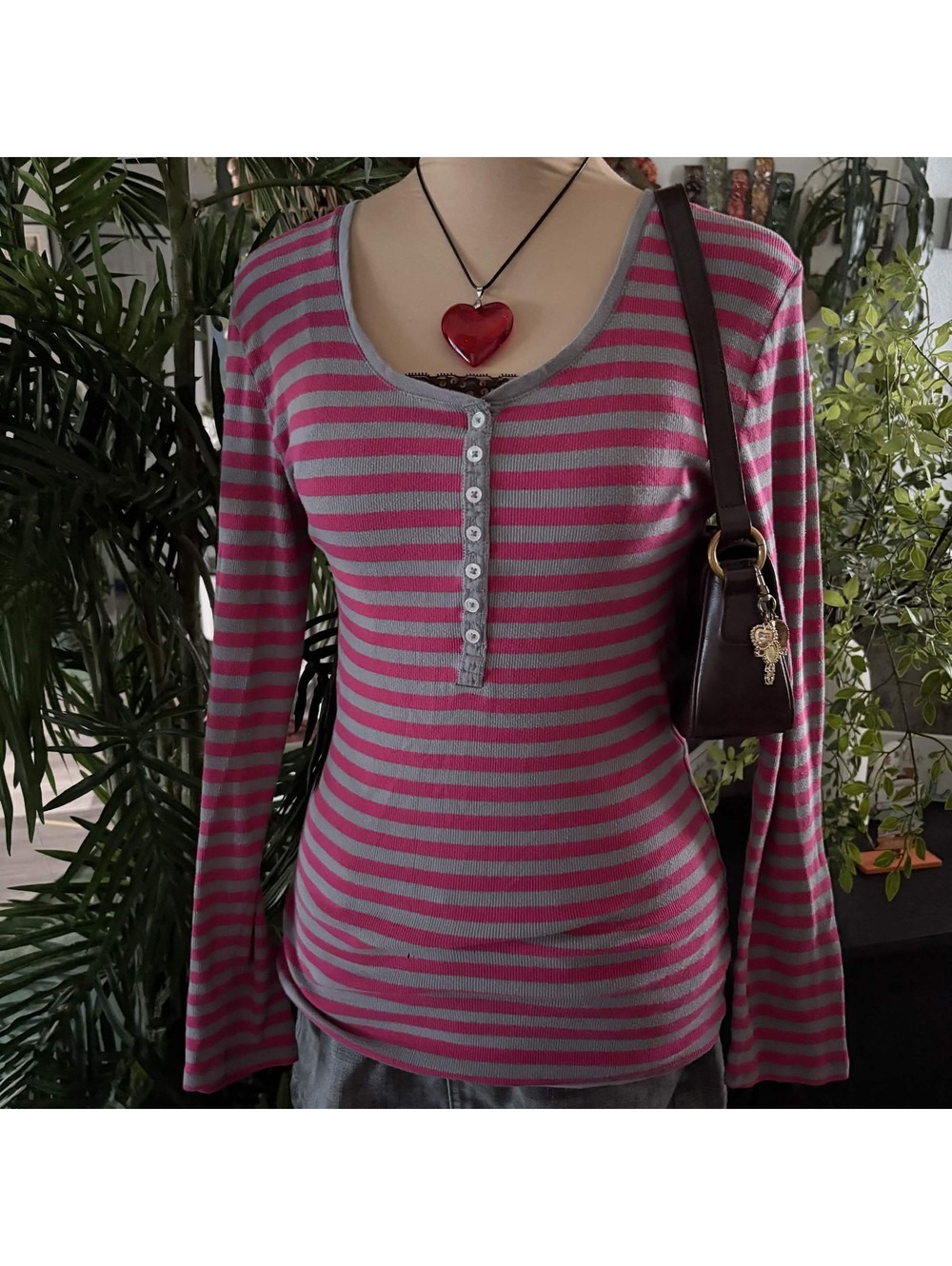 y2k pink grey striped henley top